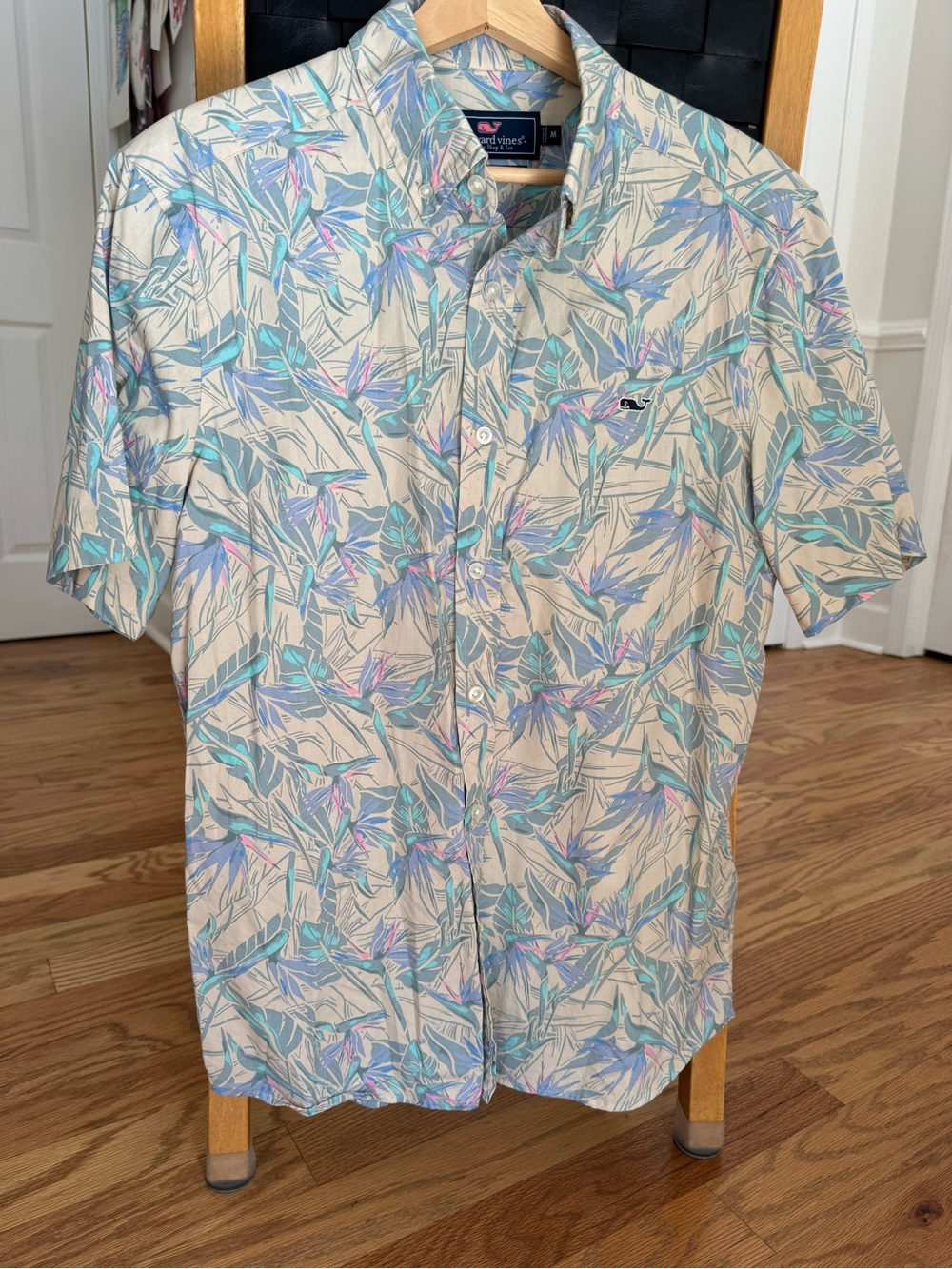 Vineyard Vines Cream Short-Sleeve Tropical Button-Down with Teal Accents